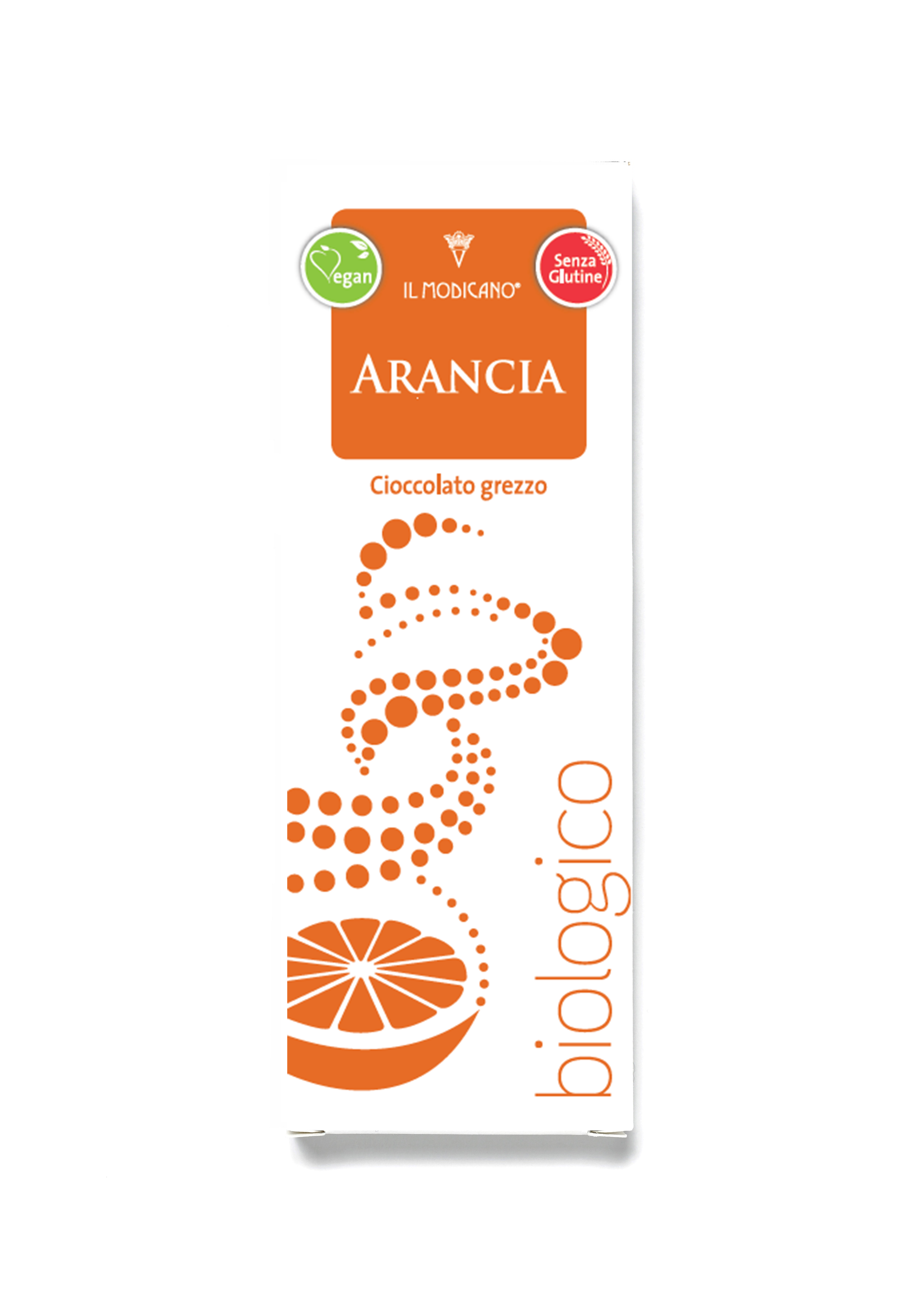 Cioccolato-arancia-biologico-vegano-senza-lattosio-glutine cioccolato grezzo fondente all'arancia